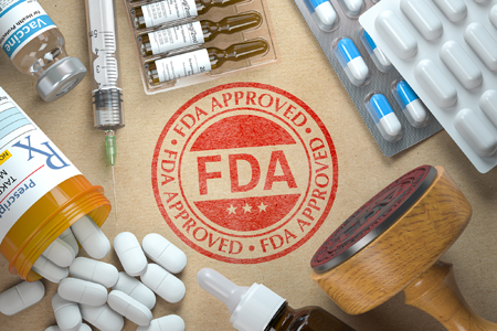 FDA approved concept. Rubber stamp with FDA and medicine. - Hughes BioPharma Advisers